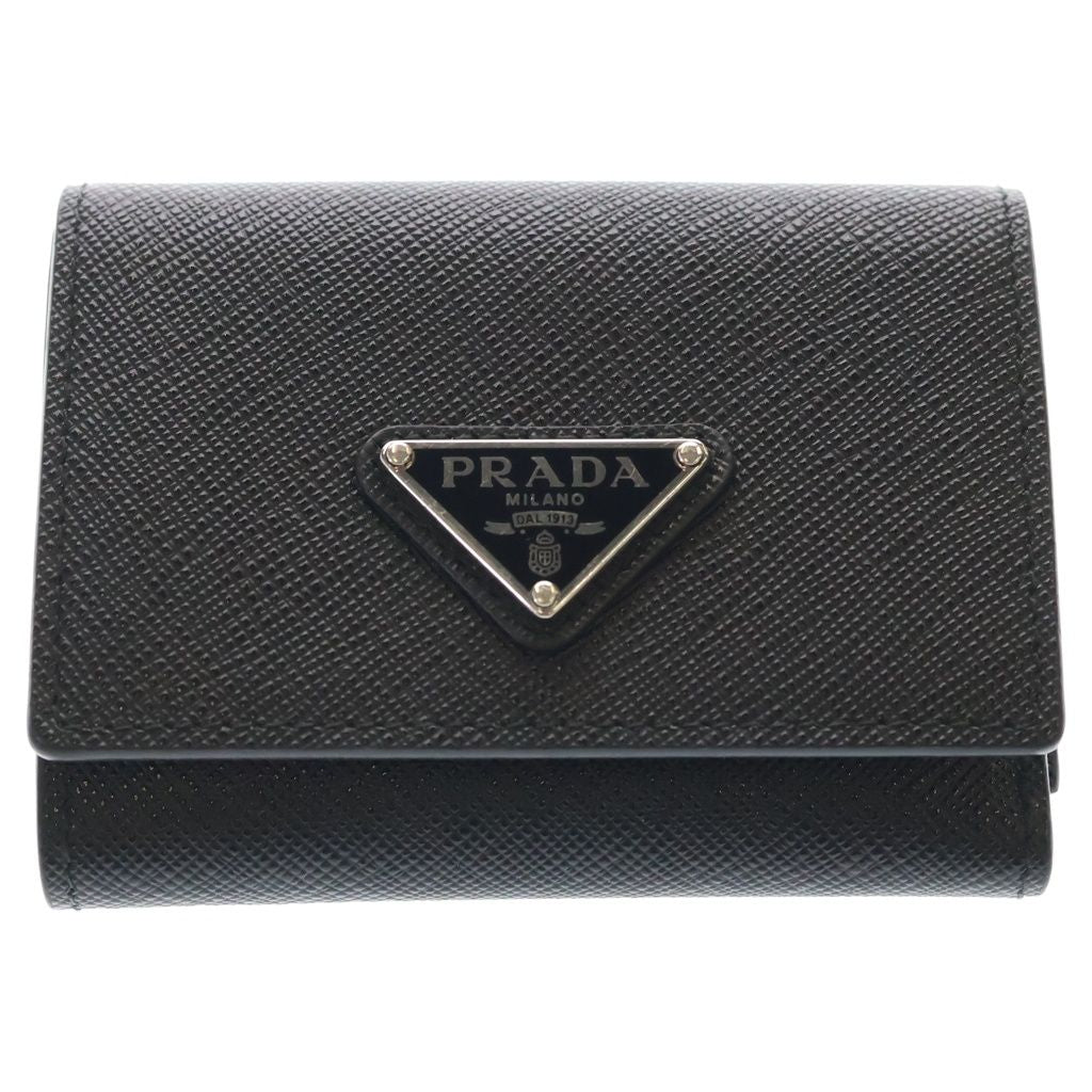 Prada Saffiano Triangle Logo Leather Trifold Wallet Compact Black