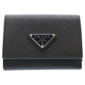 Prada Saffiano Triangle Logo Leather Trifold Wallet Compact Black