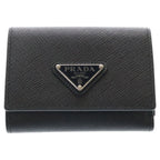 Prada Saffiano Triangle Logo Leather Trifold Wallet Compact Black