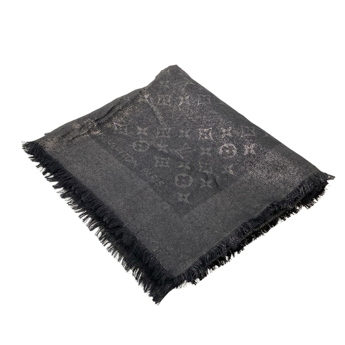 Louis Vuitton Shawl Black Monogram Pattern Lame Wool Silk Scarf