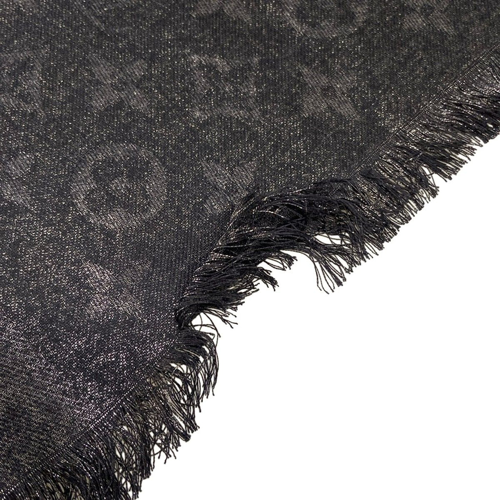 Louis Vuitton Shawl Black Monogram Pattern Lame Wool Silk Scarf — view 4