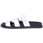 Hermes Chypre Logo Velcro Flat Sandals Shoes White Black