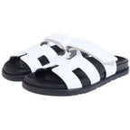 Hermes Chypre Logo Velcro Flat Sandals Shoes White Black — view 2