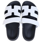 Hermes Chypre Logo Velcro Flat Sandals Shoes White Black — view 4