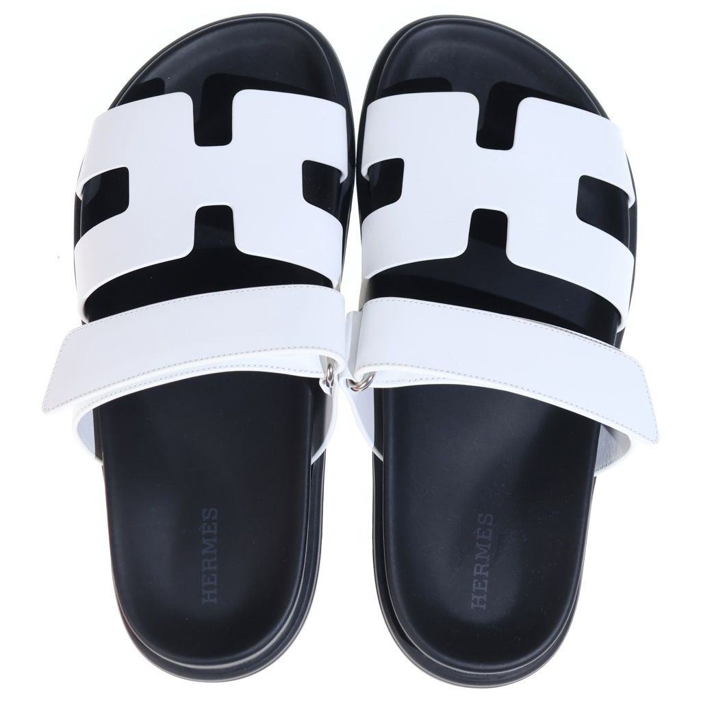 Hermes Chypre Logo Velcro Flat Sandals Shoes White Black — view 4