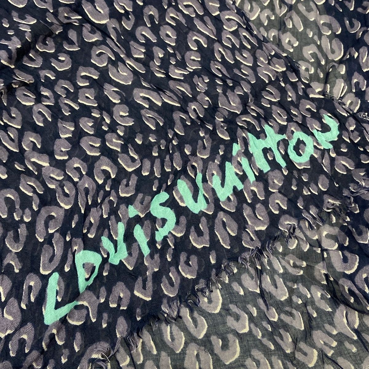 Louis Vuitton Shawl Dark Navy Ivory Light Green Leopard Cashmere Silk Scarf — view 5