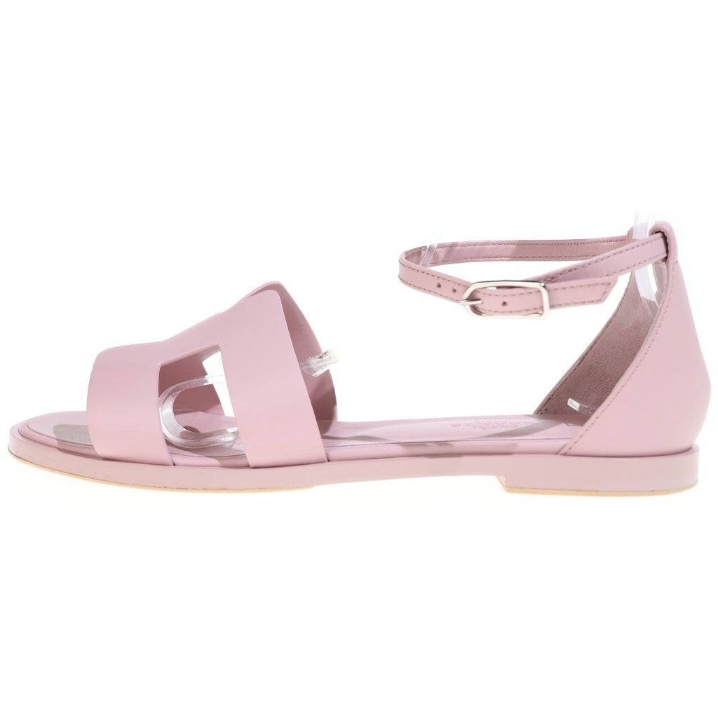 Hermes Santorini Rose Can Logo Leather Ankle Strap Sandals Shoes Silver Pink