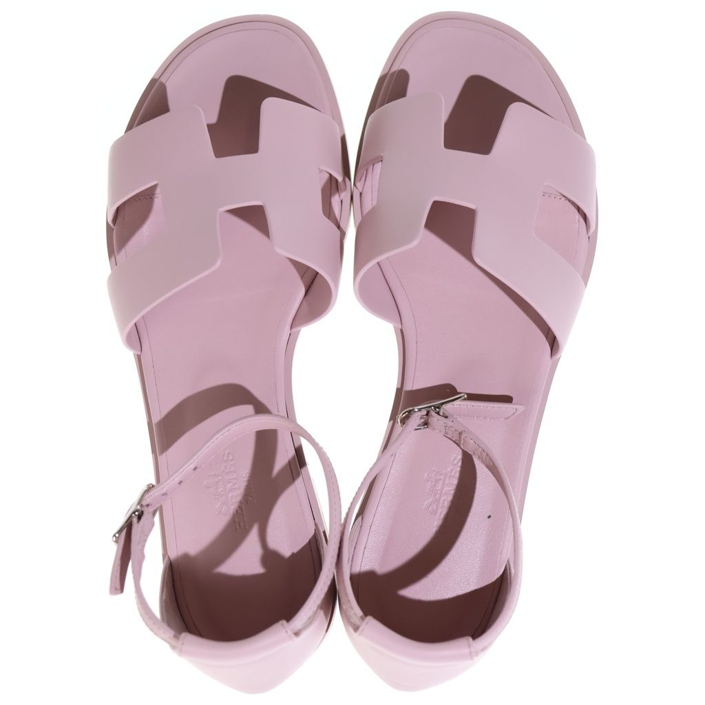 Hermes Santorini Rose Can Logo Leather Ankle Strap Sandals Shoes Silver Pink — view 4