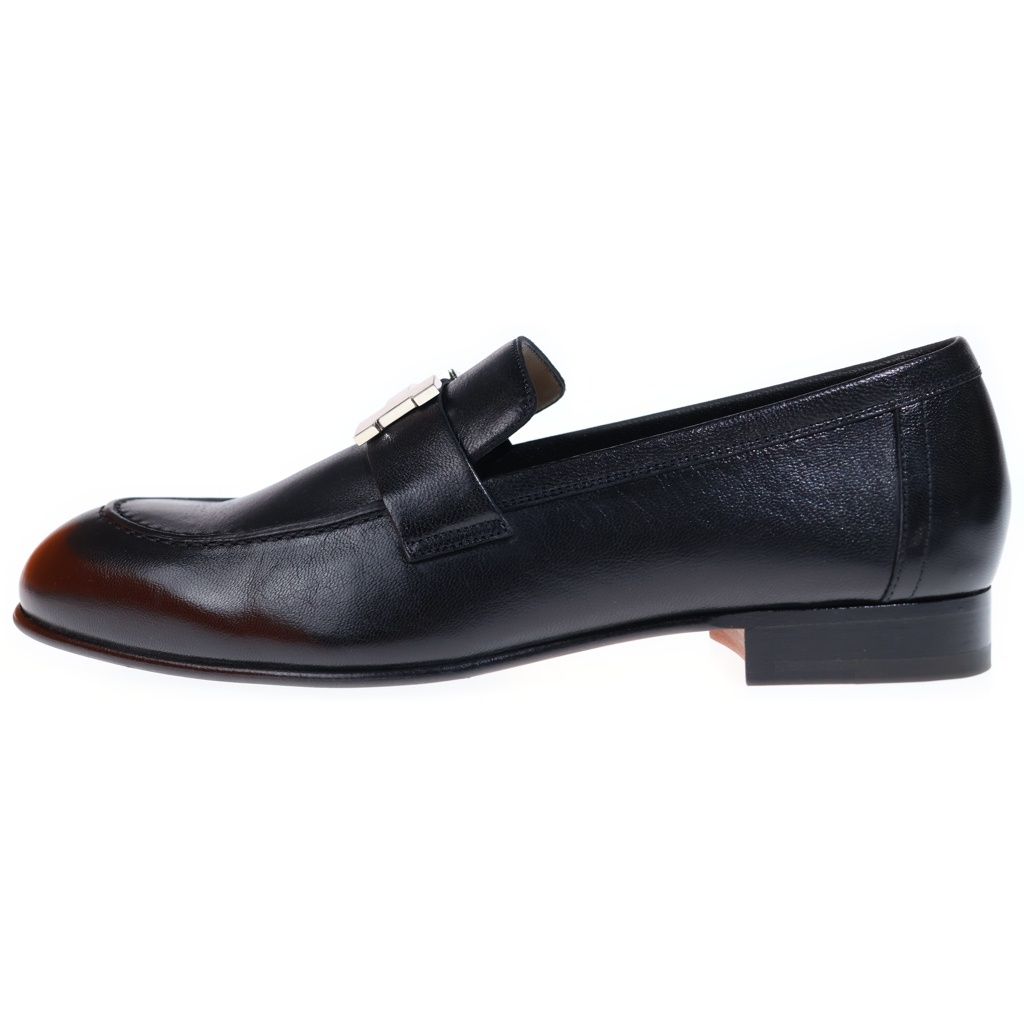Hermes Moccasins Paris Constance Logo Silver Leather Loafers Black