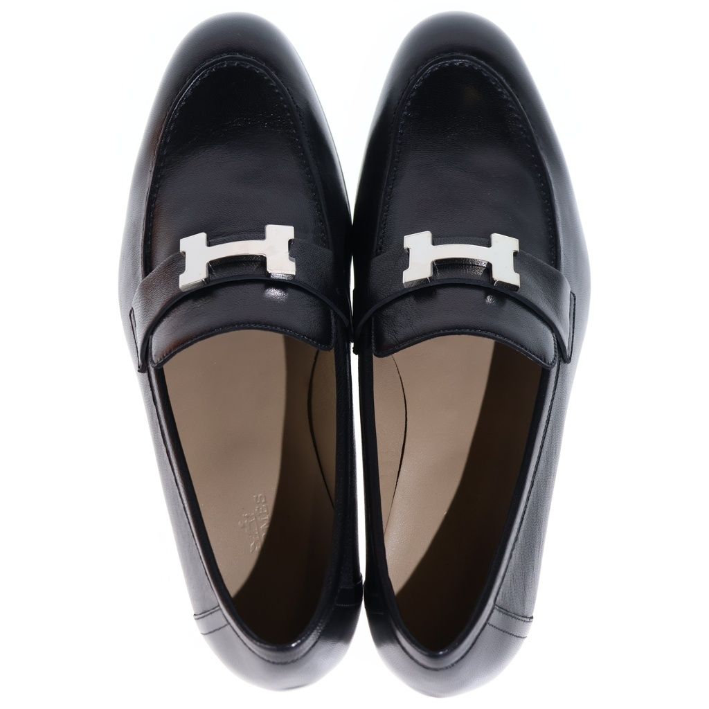 Hermes Moccasins Paris Constance Logo Silver Leather Loafers Black — view 4