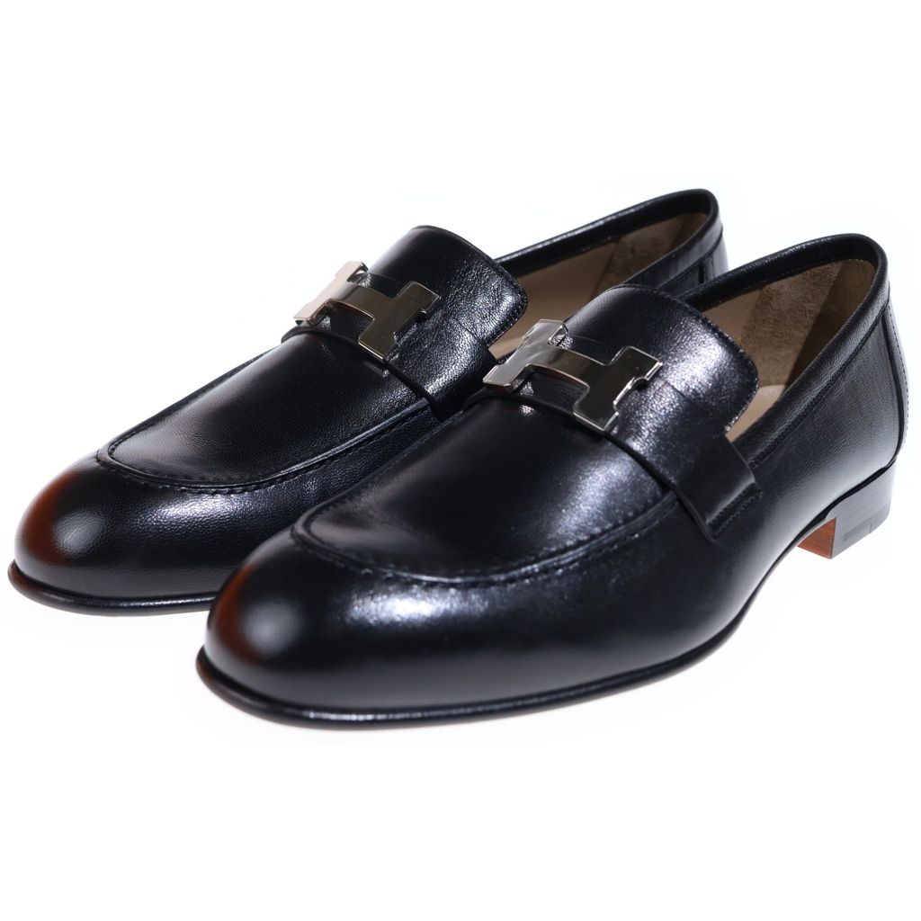 Hermes Moccasins Paris Constance Logo Silver Leather Loafers Black — view 2