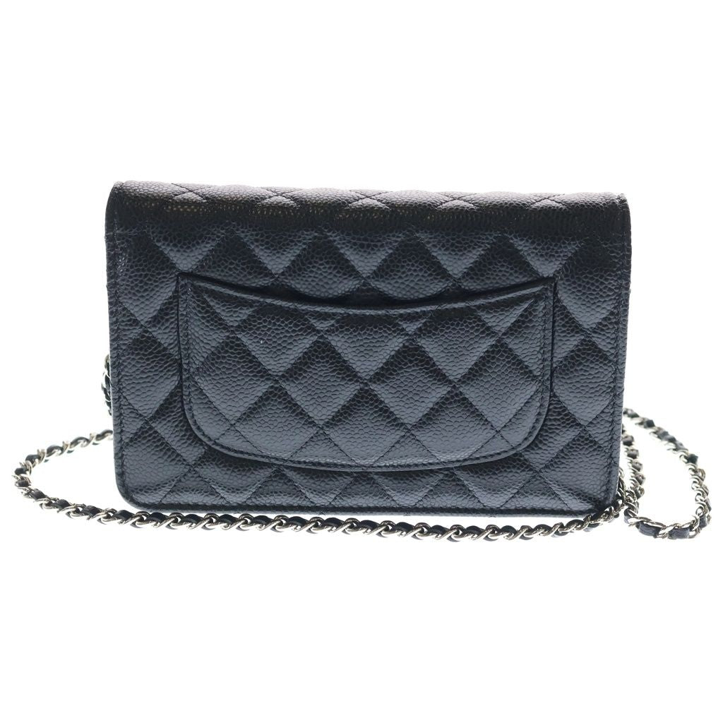 Chanel Quilted Chain Shoulder Wallet Bag Black Caviar Leather Silver — view 2