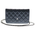 Chanel Quilted Chain Shoulder Wallet Bag Black Caviar Leather Silver