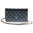 Chanel Quilted Chain Shoulder Wallet Bag Black Caviar Leather Silver