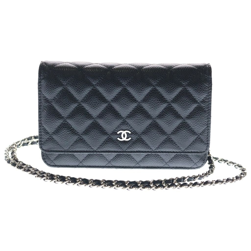Chanel Quilted Chain Shoulder Wallet Bag Black Caviar Leather Silver