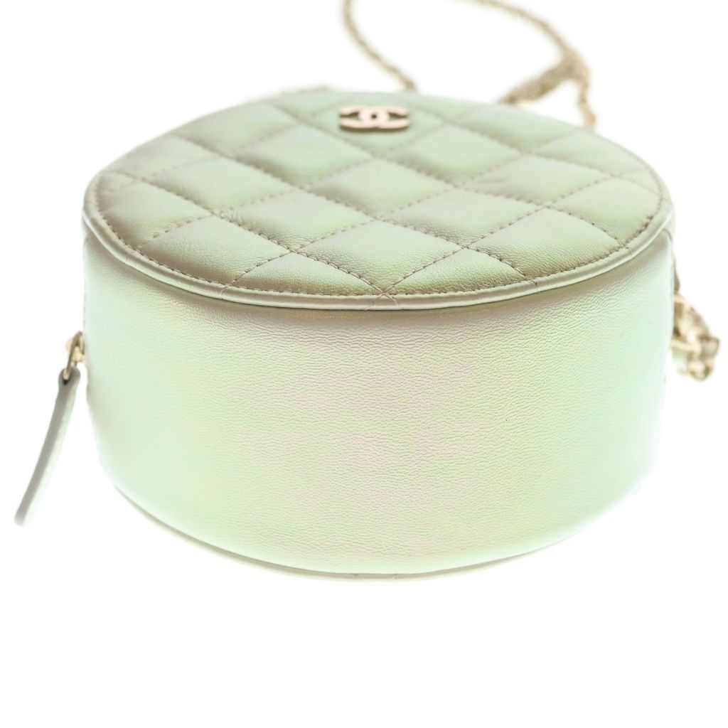 Chanel CC Logo Quilted Round Chain Mini Shoulder Bag White Aurora Leather Gold — view 4