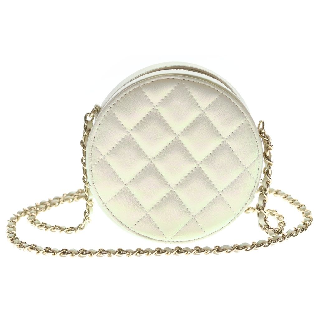 Chanel CC Logo Quilted Round Chain Mini Shoulder Bag White Aurora Leather Gold — view 2