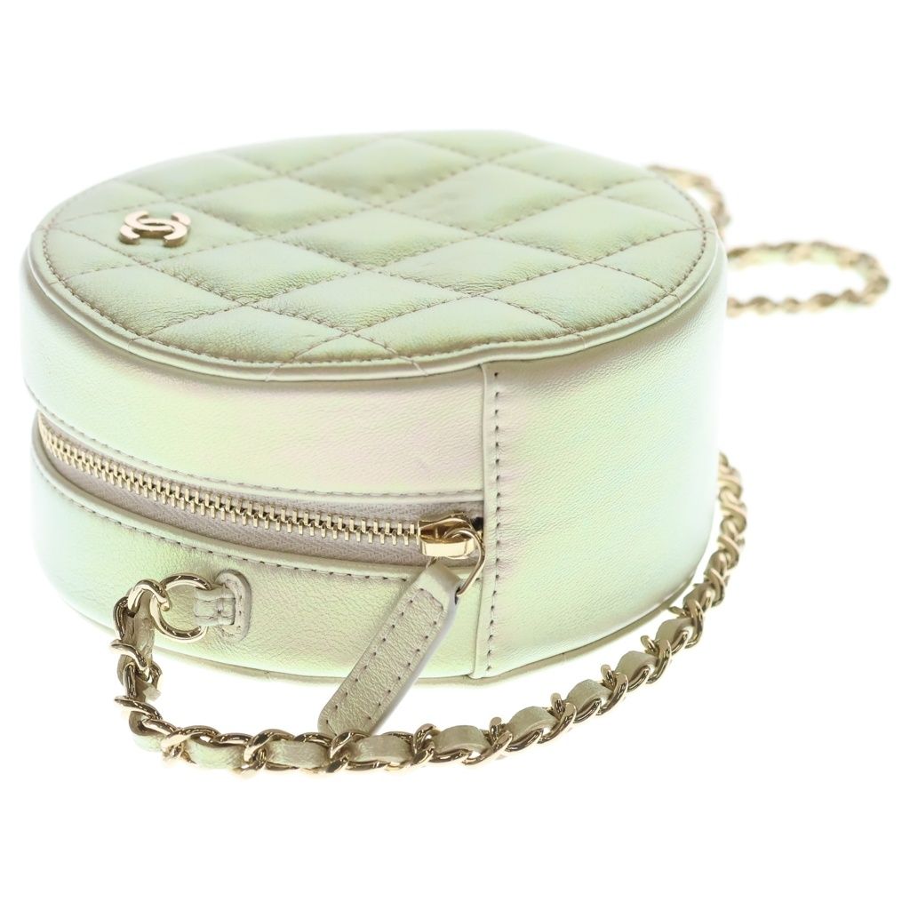 Chanel CC Logo Quilted Round Chain Mini Shoulder Bag White Aurora Leather Gold — view 3