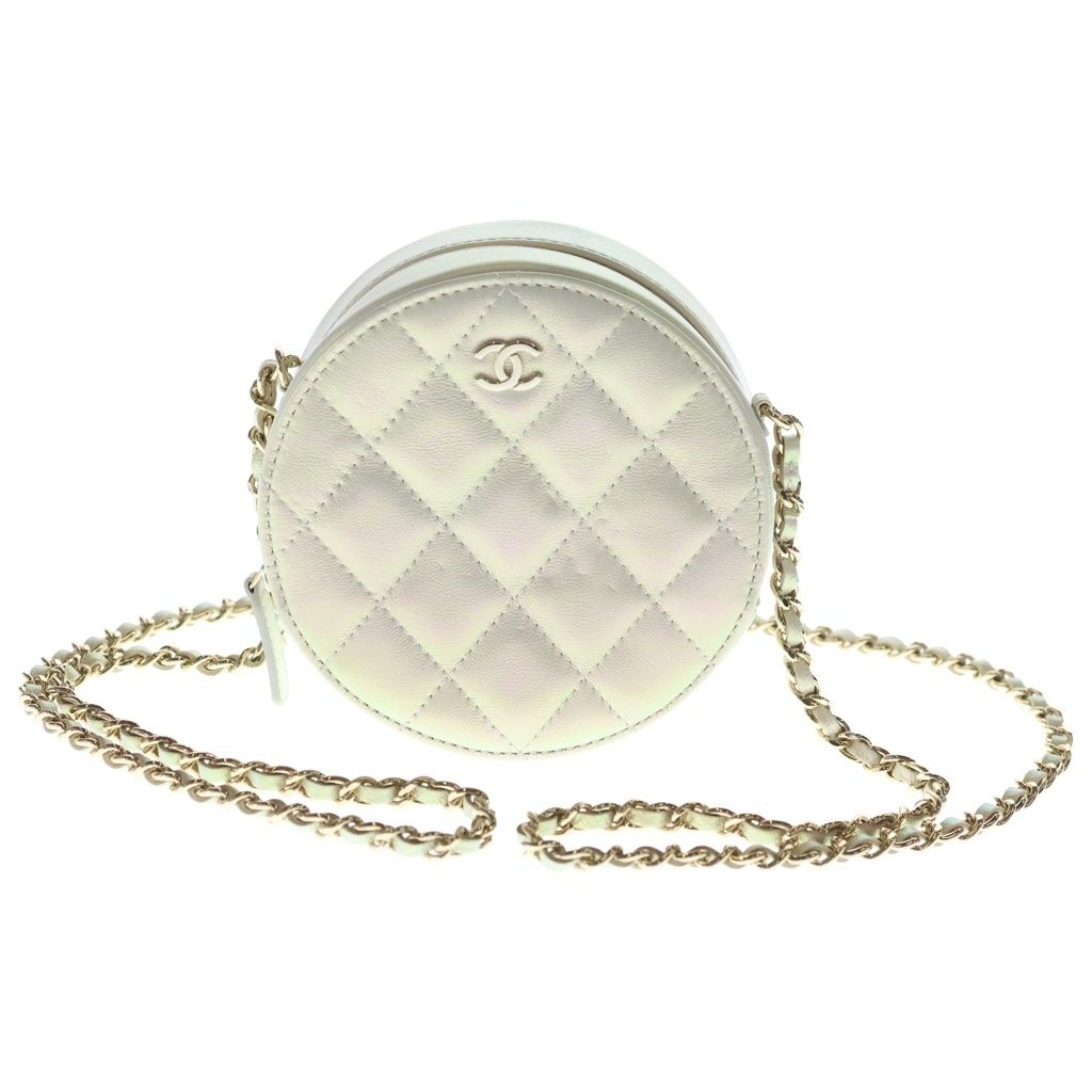 Chanel CC Logo Quilted Round Chain Mini Shoulder Bag White Aurora Leather Gold