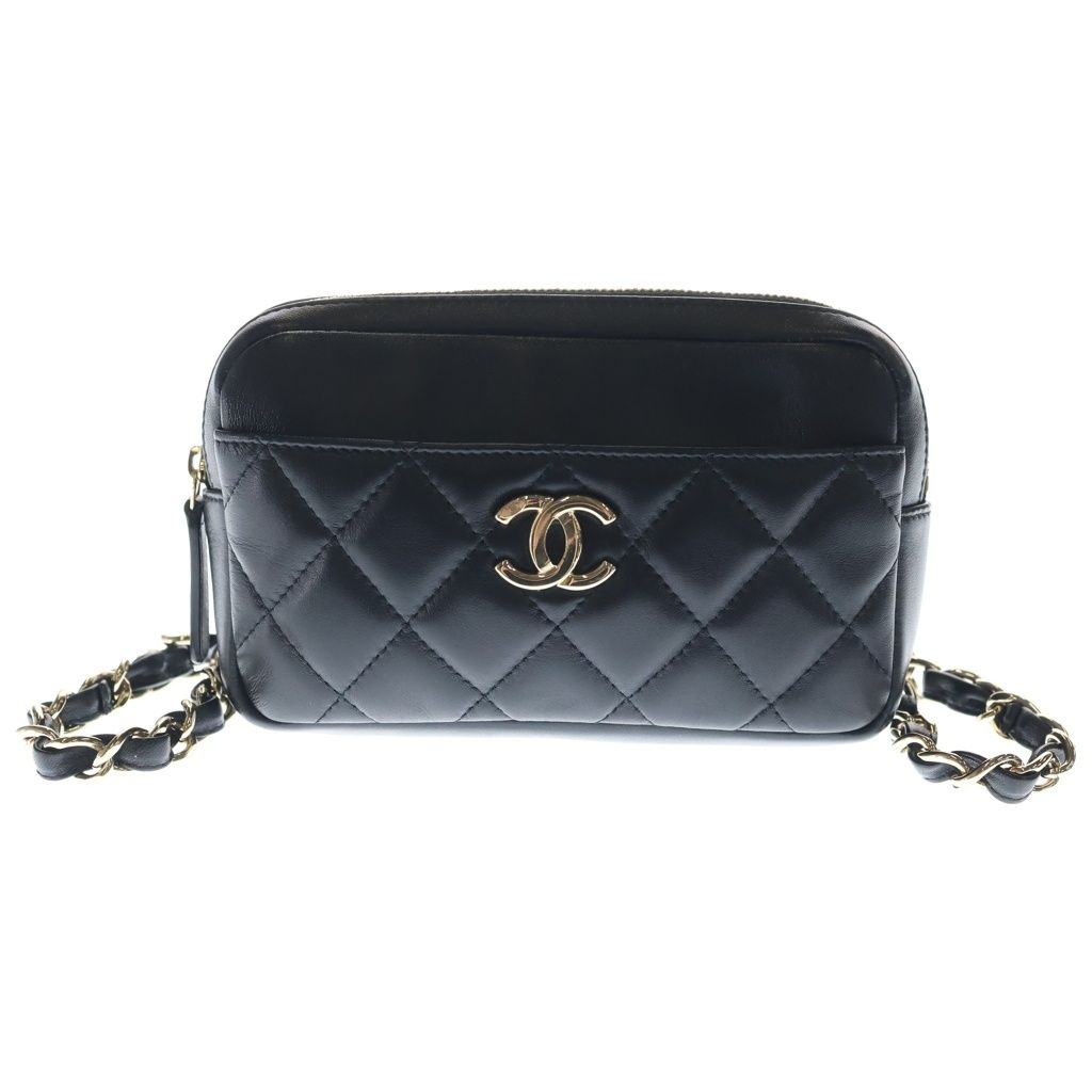Chanel Quilted Lambskin Leather Shoulder Waist Mini Bag Black Gold 29