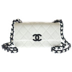 Chanel CC Logo Small Flap Shoulder Bag Chain White Caviar Leather Black