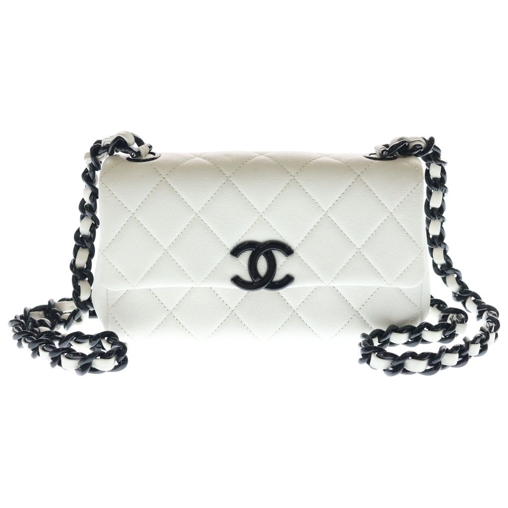 Chanel CC Logo Small Flap Shoulder Bag Chain White Caviar Leather Black