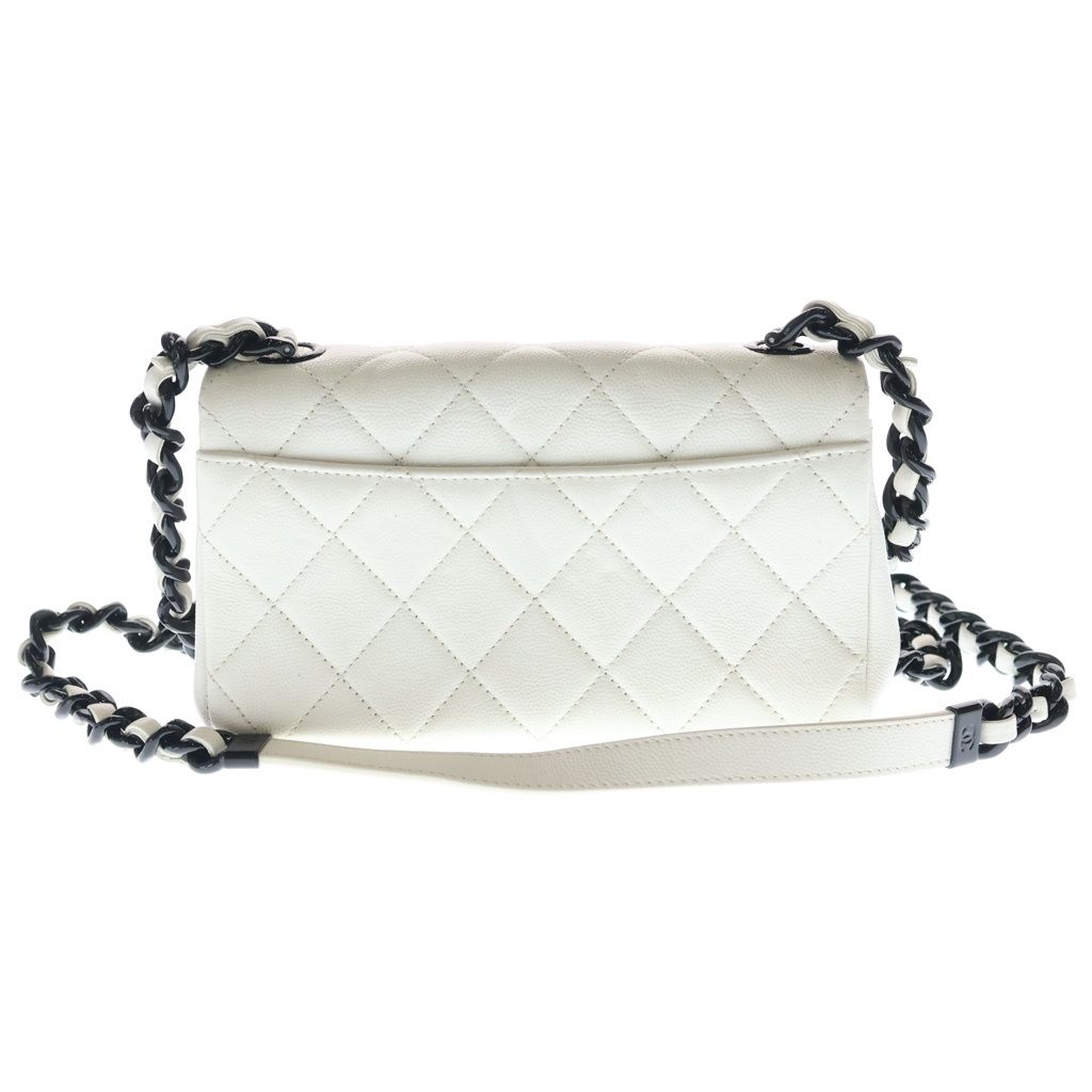 Chanel CC Logo Small Flap Shoulder Bag Chain White Caviar Leather Black — view 2