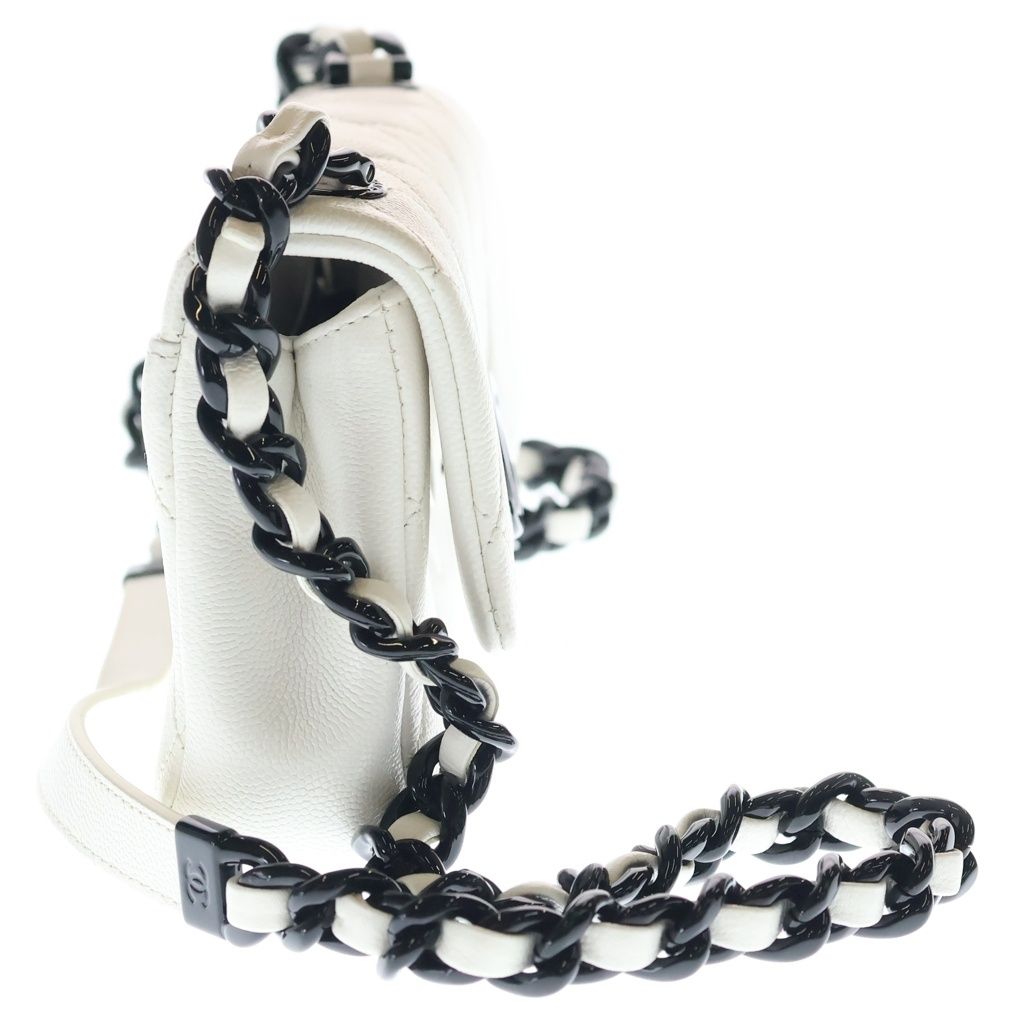 Chanel CC Logo Small Flap Shoulder Bag Chain White Caviar Leather Black — view 3