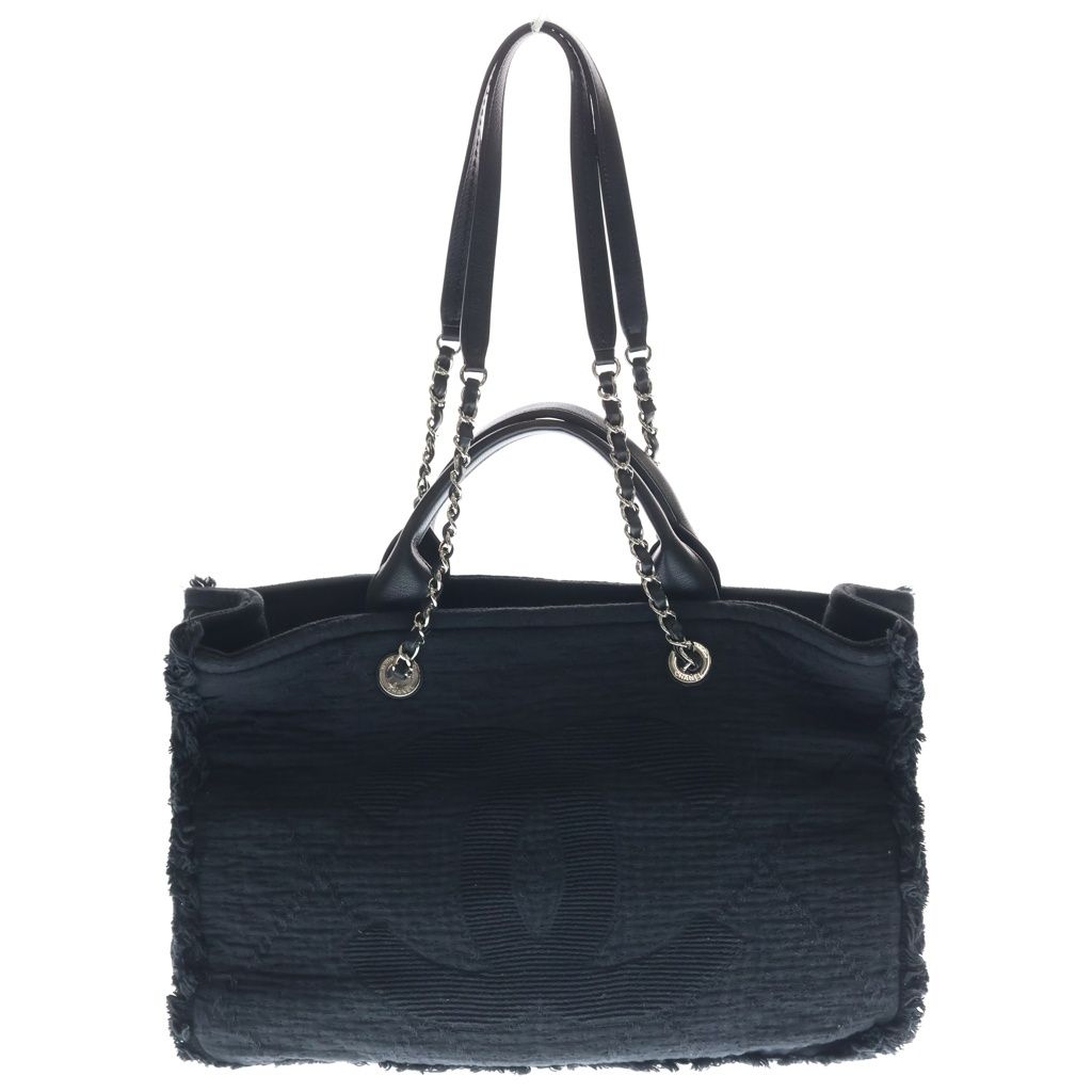 Chanel Deauville Large Chain Tote Black Canvas Silver