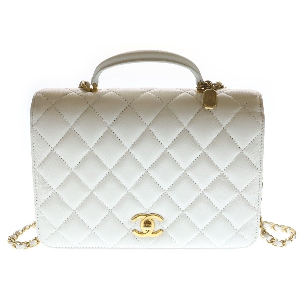Chanel Quilted Full Flap 2-Way Chain Shoulder Bag White Caviar Leather Gold