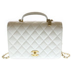 Chanel Quilted Full Flap 2-Way Chain Shoulder Bag White Caviar Leather Gold