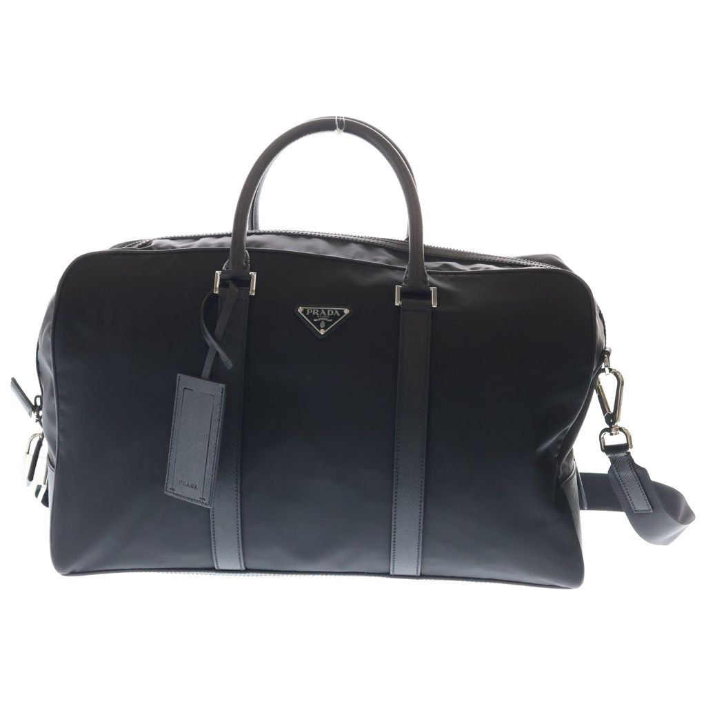 Prada Saffiano Boston Bag Duffle Black Leather Nylon Silver