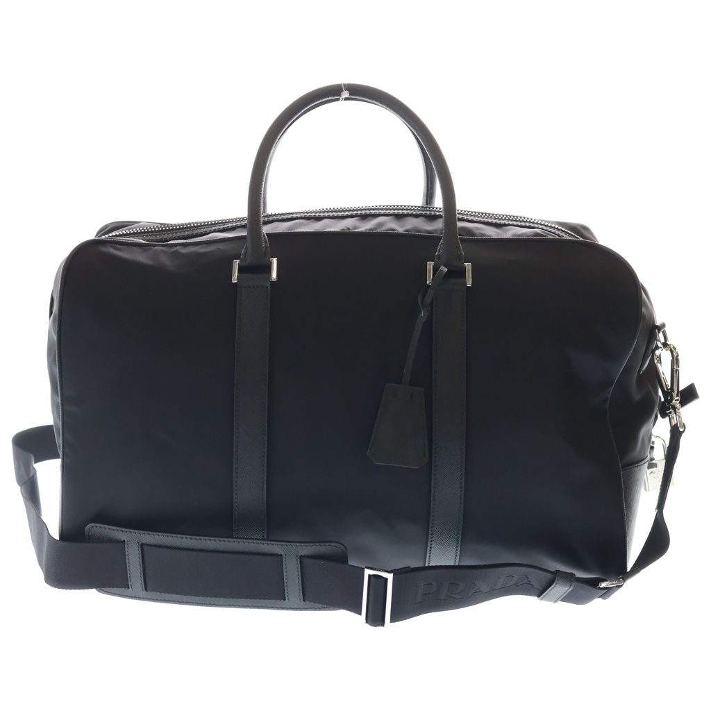 Prada Saffiano Boston Bag Duffle Black Leather Nylon Silver — view 2