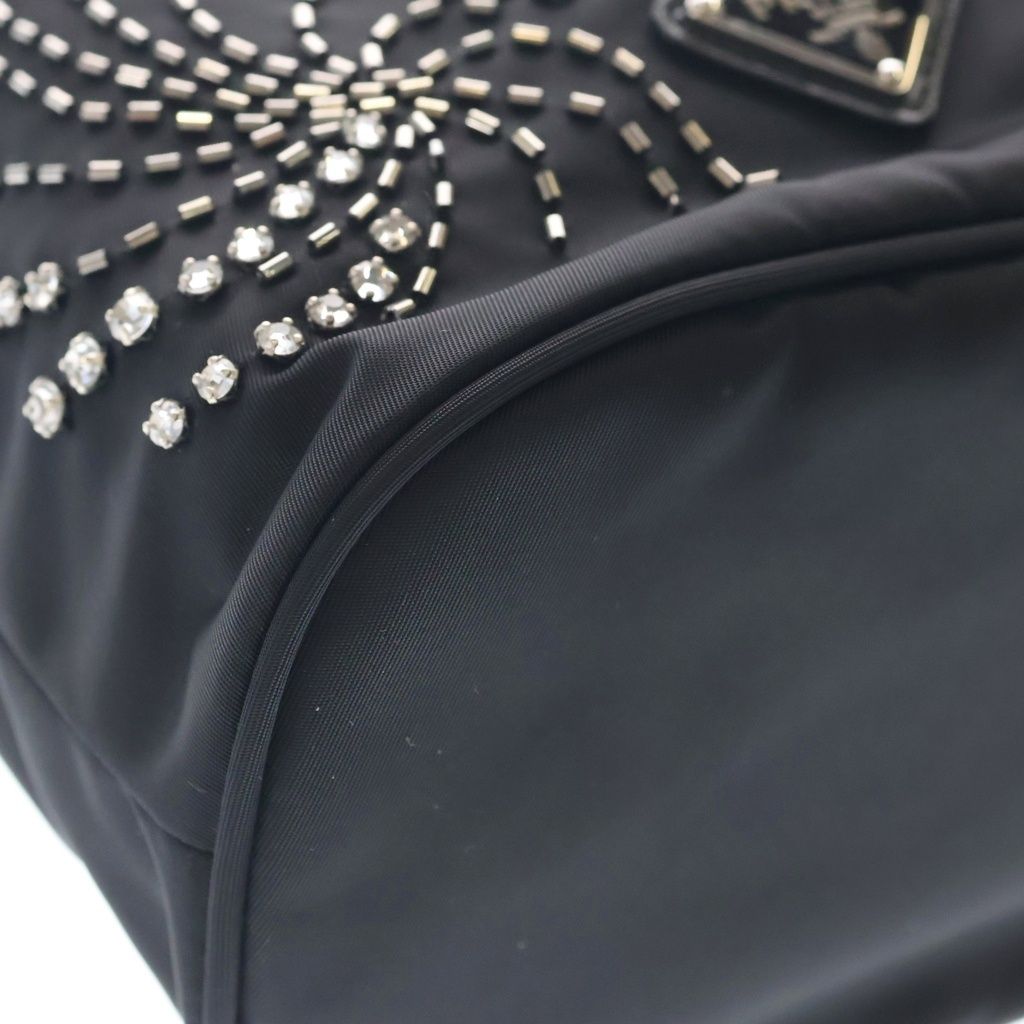 Prada Ri Nylon Triangle Logo Rhinestone Bucket Bag 2-Way Black Silver — view 5