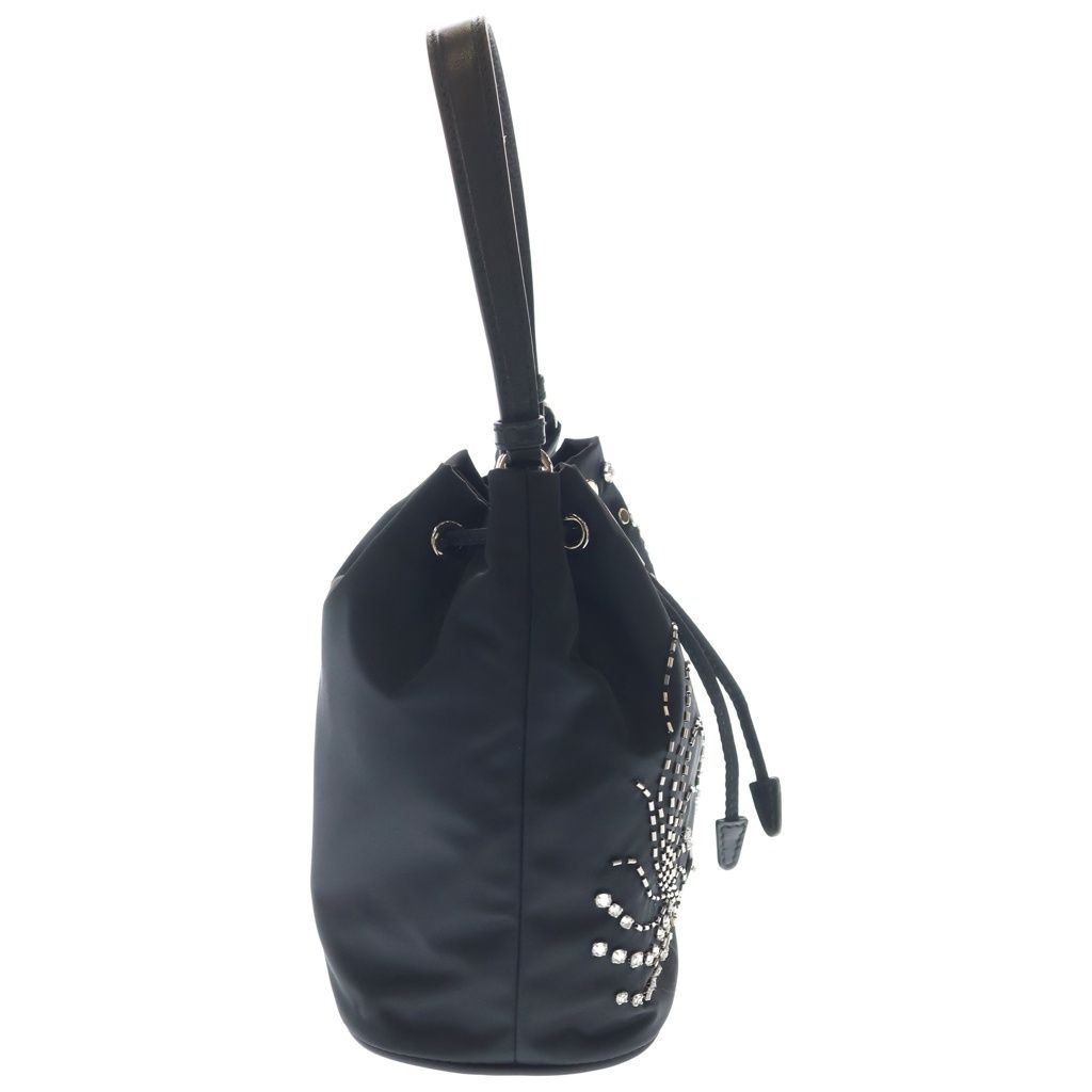 Prada Ri Nylon Triangle Logo Rhinestone Bucket Bag 2-Way Black Silver — view 3