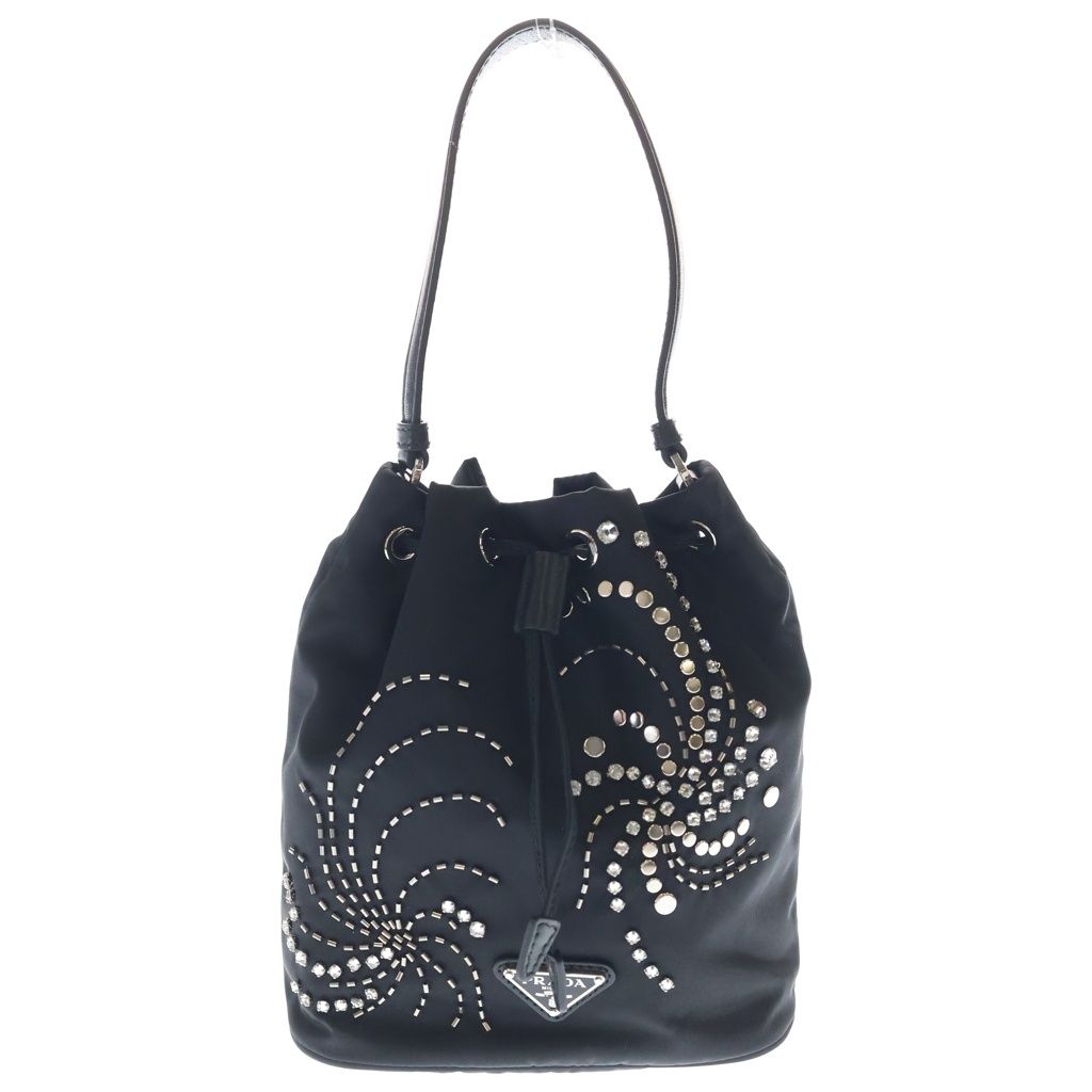 Prada Ri Nylon Triangle Logo Rhinestone Bucket Bag 2-Way Black Silver