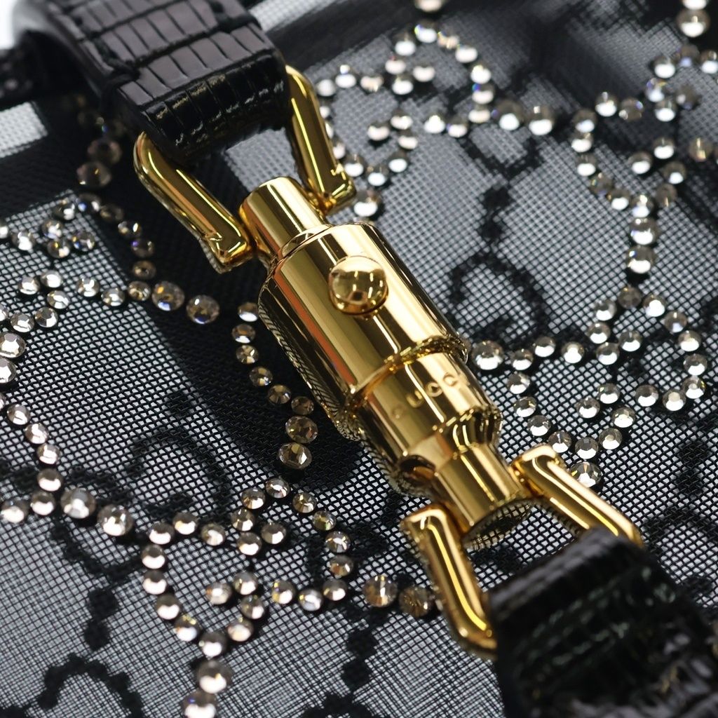 Gucci Jackie Mini Bag GG Crystal 2-Way Chain Black Mesh Embossed Leather Gold — view 6