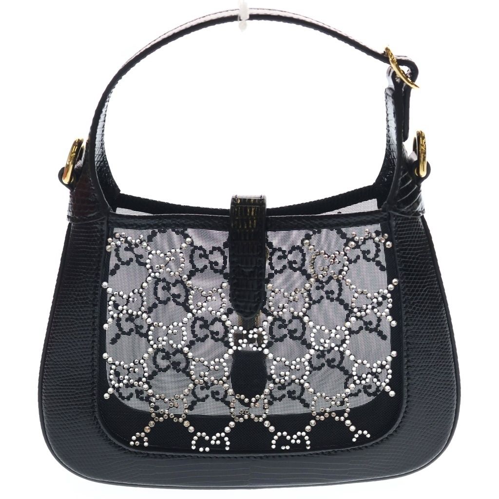 Gucci Jackie Mini Bag GG Crystal 2-Way Chain Black Mesh Embossed Leather Gold — view 2