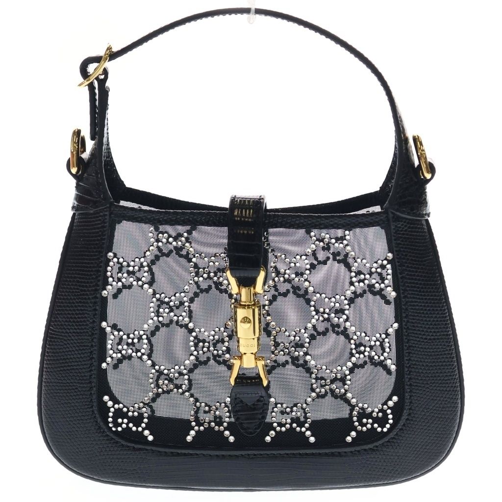 Gucci Jackie Mini Bag GG Crystal 2-Way Chain Black Mesh Embossed Leather Gold