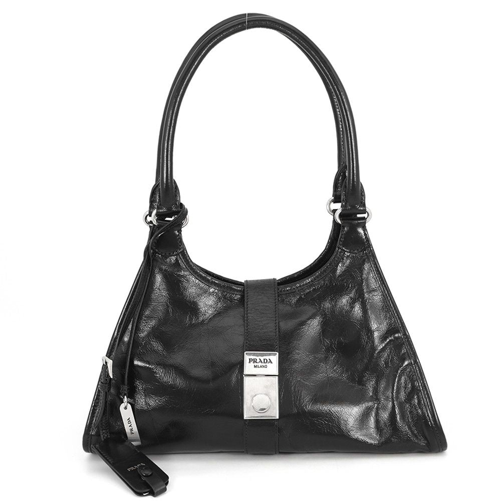 Prada Shoulder Bag Hobo Leather Logo Black