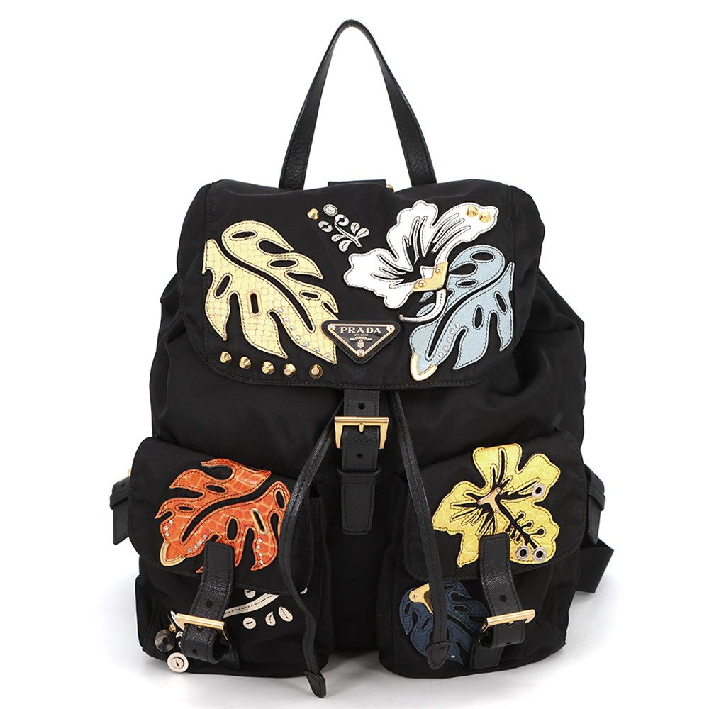 Prada Backpack Nylon Flower Triangle Logo Black