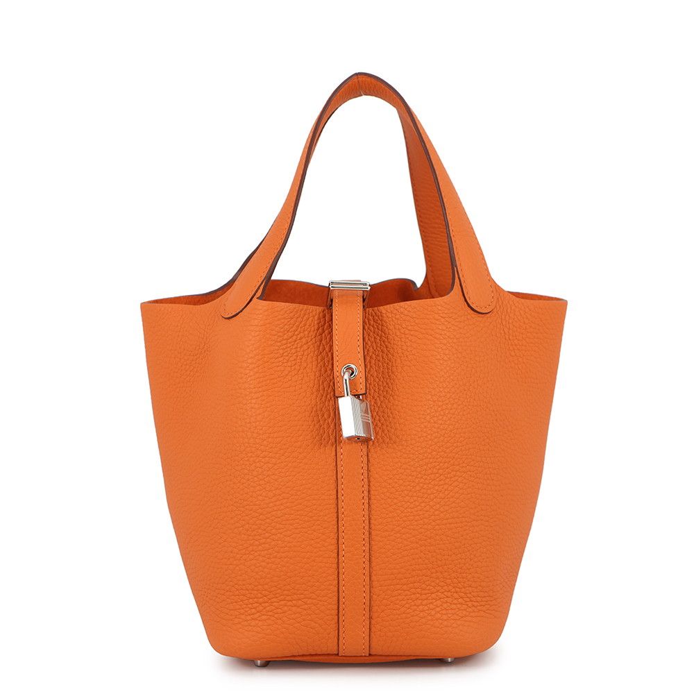 Hermes Handbag Picotin Lock PM Orange Silver Taurillon Clemence Tote