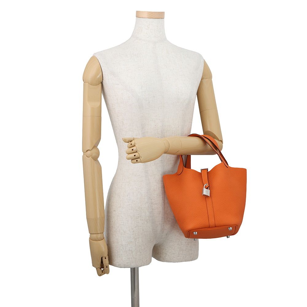 Hermes Handbag Picotin Lock PM Orange Silver Taurillon Clemence Tote — view 4