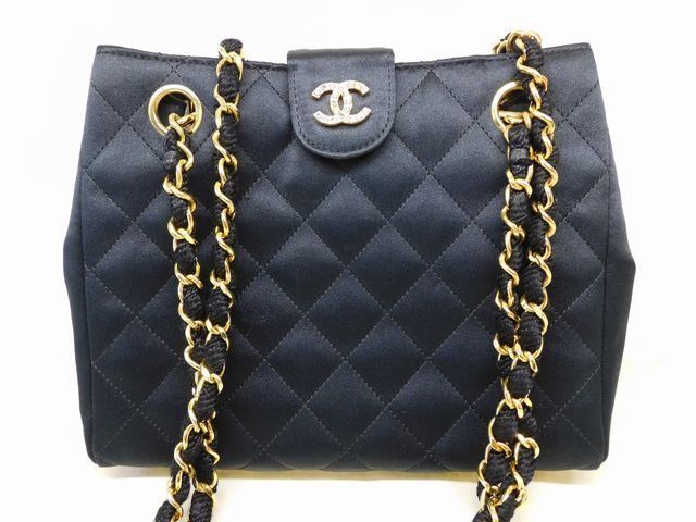 Chanel Vintage Chain Shoulder Bag Black Gold Satin CC Logo