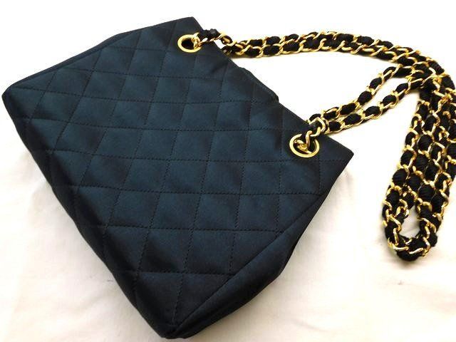 Chanel Vintage Chain Shoulder Bag Black Gold Satin CC Logo — view 2