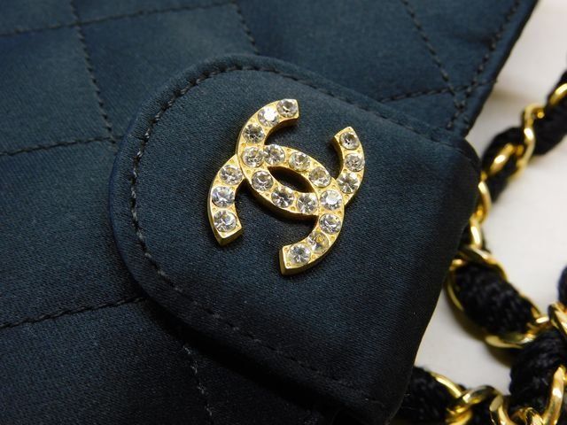 Chanel Vintage Chain Shoulder Bag Black Gold Satin CC Logo — view 3