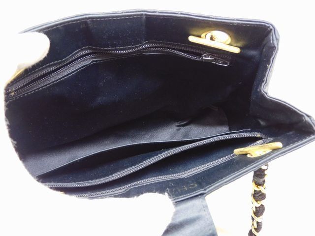 Chanel Vintage Chain Shoulder Bag Black Gold Satin CC Logo — view 5