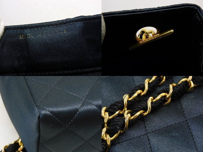 Chanel Vintage Chain Shoulder Bag Black Gold Satin CC Logo — view 7