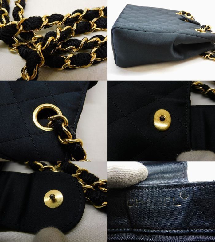 Chanel Vintage Chain Shoulder Bag Black Gold Satin CC Logo — view 4