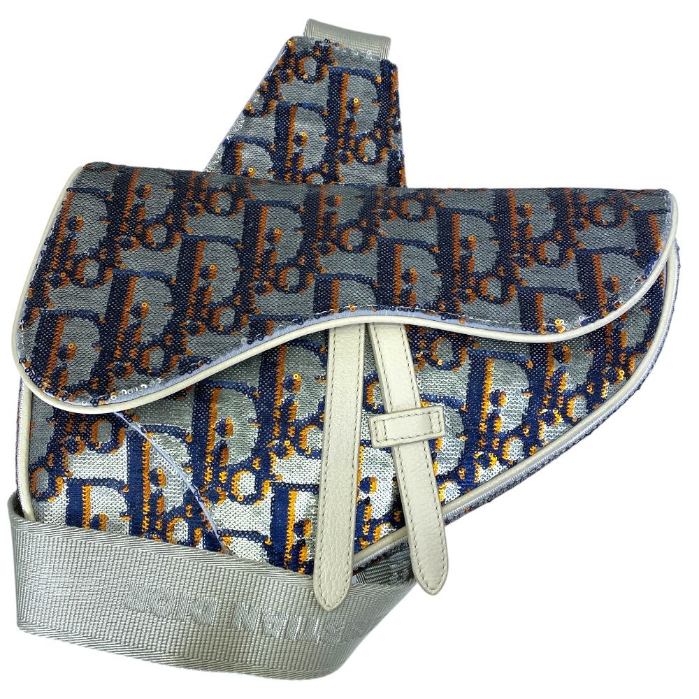 Dior Oblique Sequin Saddle Bag Leather Silver Practical Gorgeous Elegance